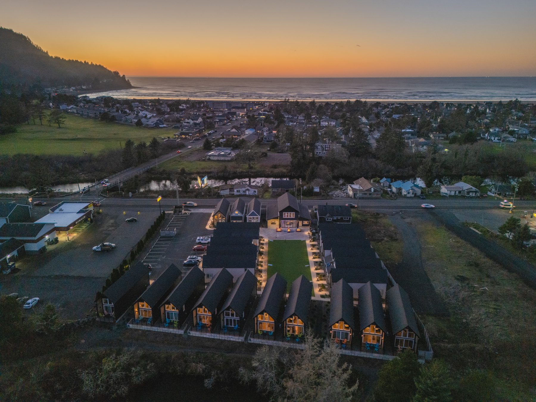 Aerial view of The Commons at sunset